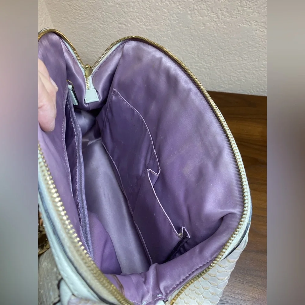 Coach Madison Textured Embossed Python Satchel Bag Ivory Purple Large Charms‎